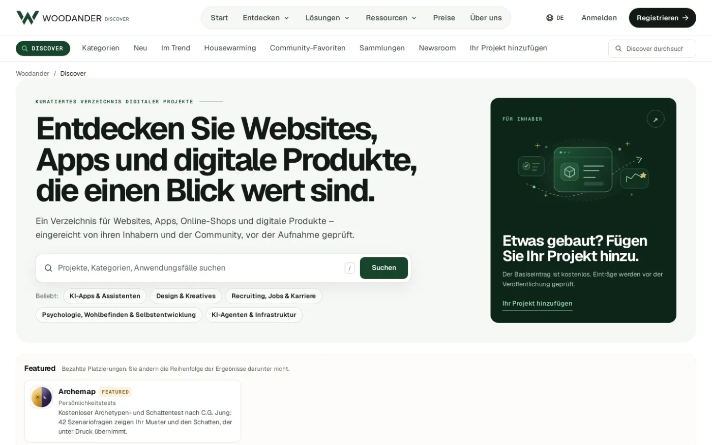 Das Woodander-Discover-Verzeichnis mit Projektkarten und Kategorien