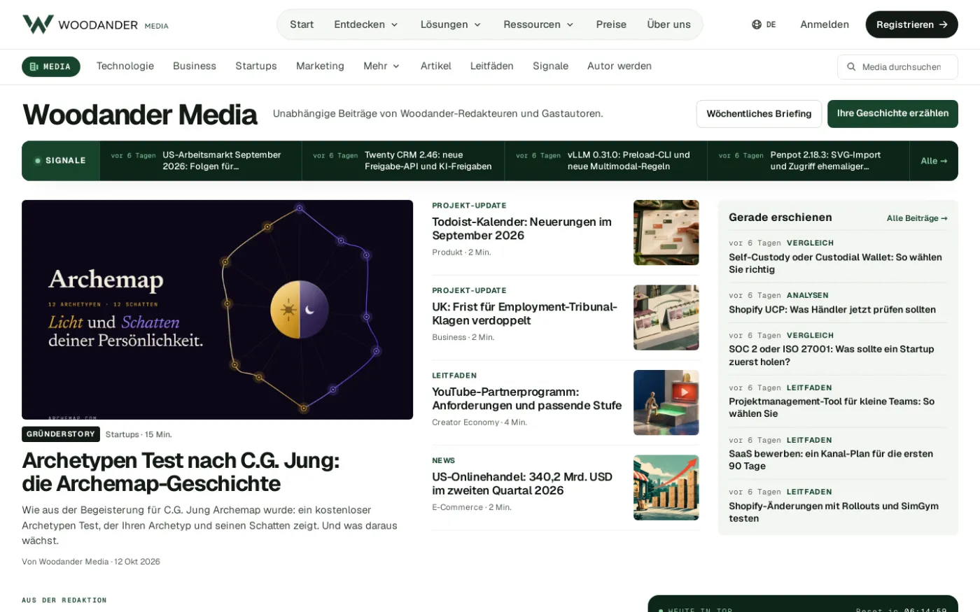 Die Startseite von Woodander Media mit den neuesten Beiträgen