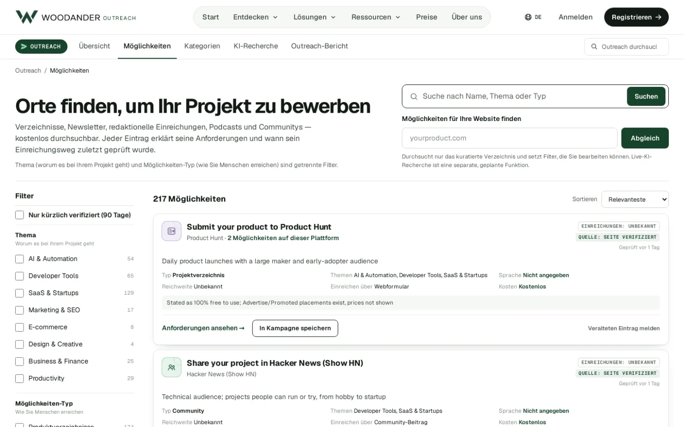 Die Woodander-Outreach-Liste mit Orten zum Einreichen Ihres Projekts
