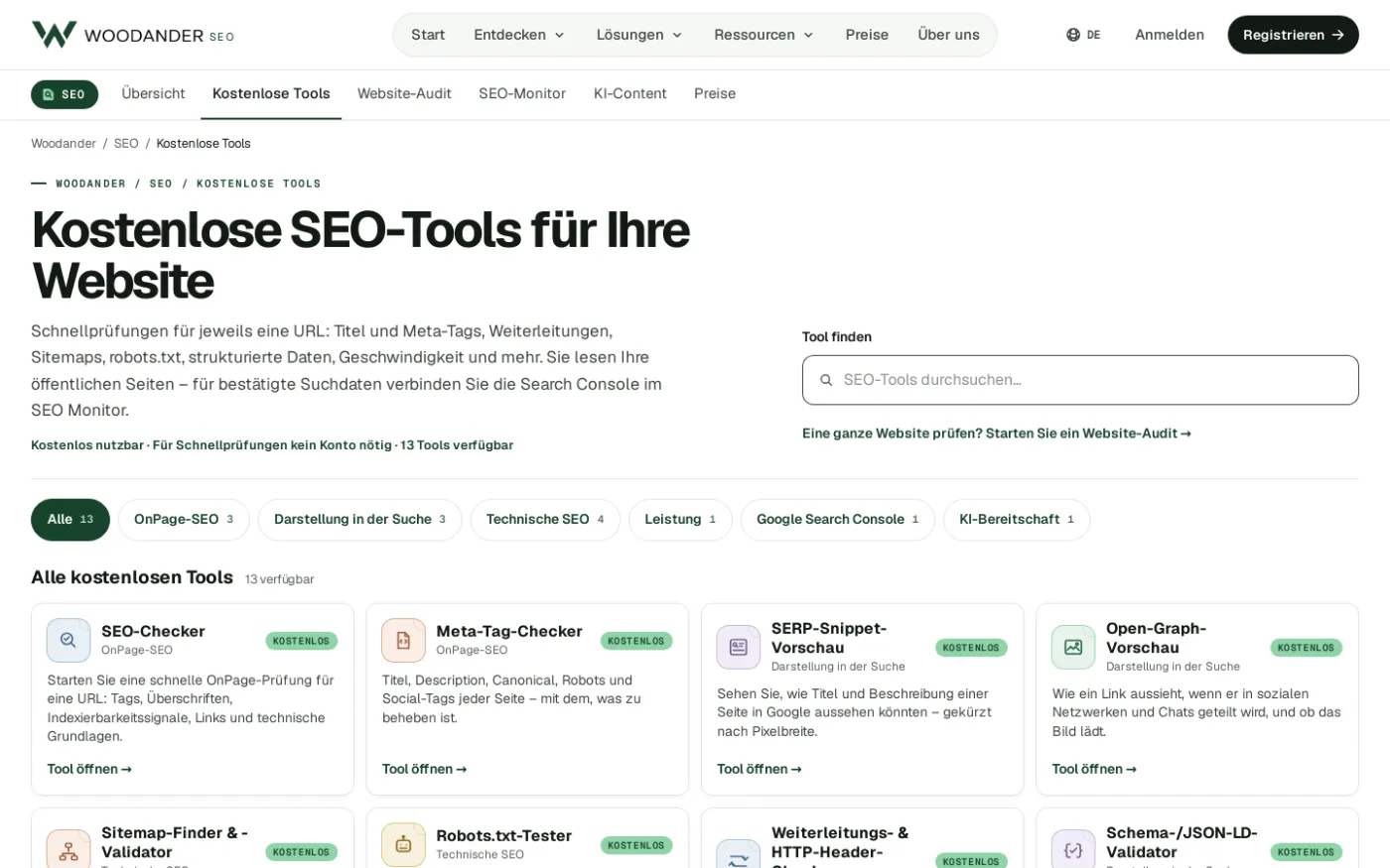Die Seite mit den kostenlosen SEO-Tools von Woodander