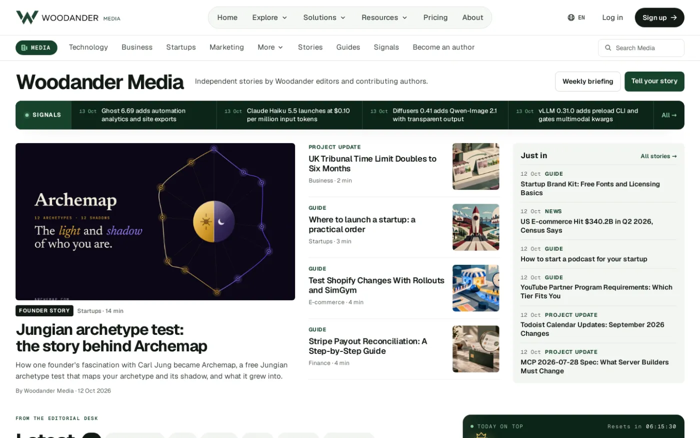 The Woodander Media front page with the latest stories