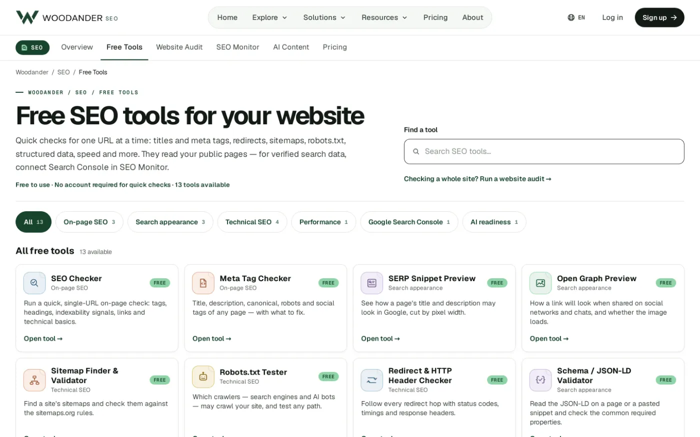 The free SEO tools page on Woodander