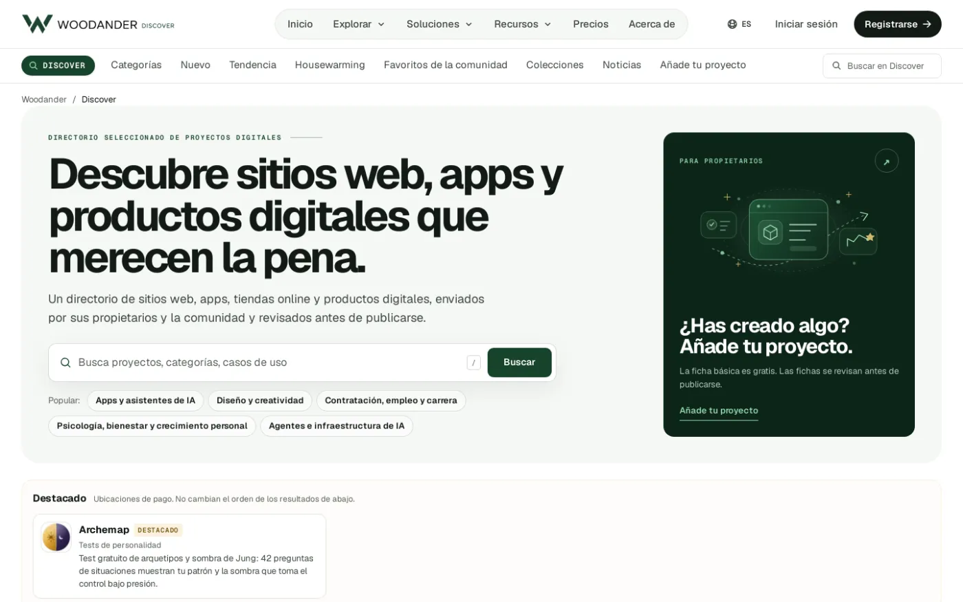 El directorio Woodander Discover con fichas de proyectos y categorías