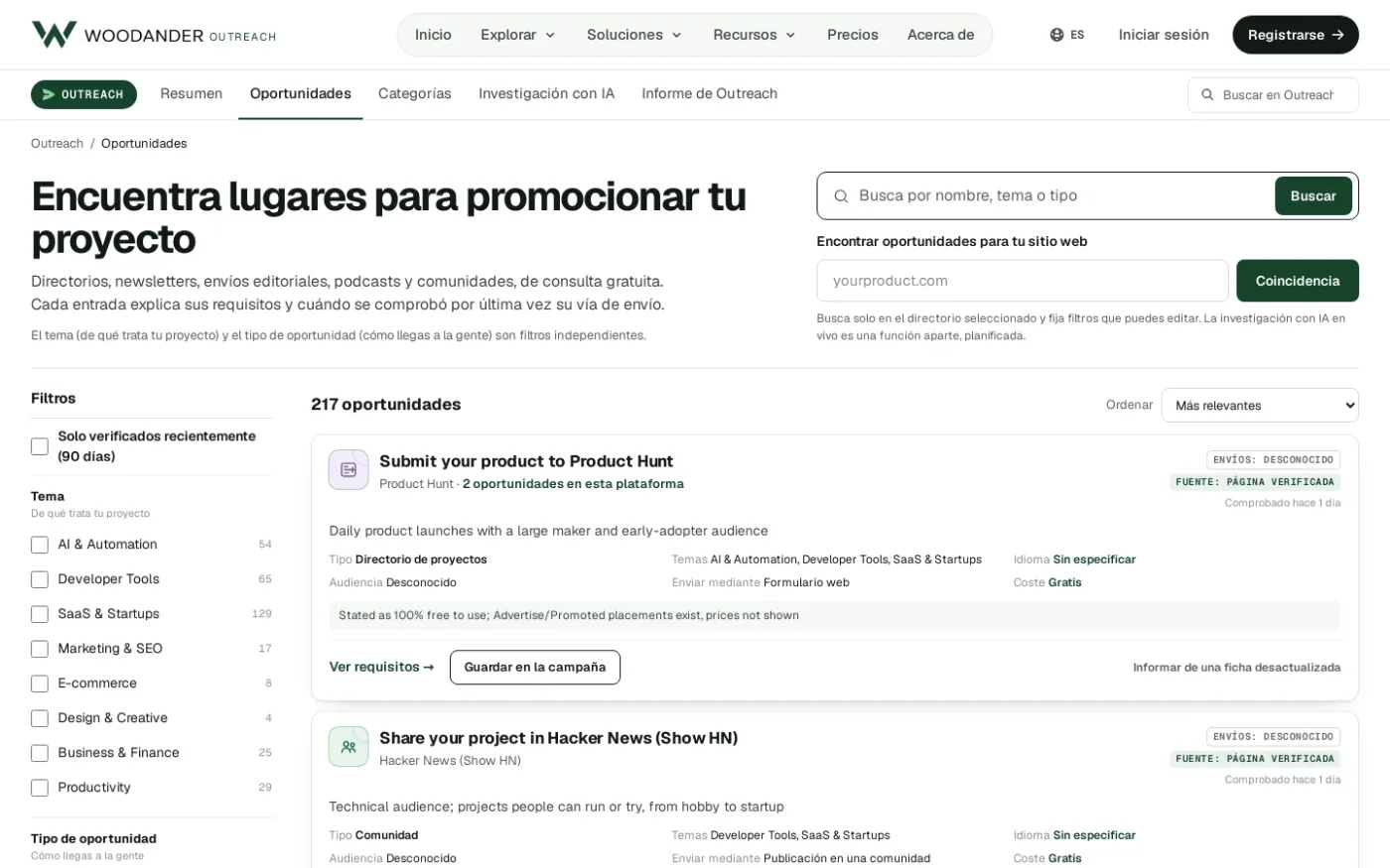 La lista de Woodander Outreach con lugares donde enviar su proyecto