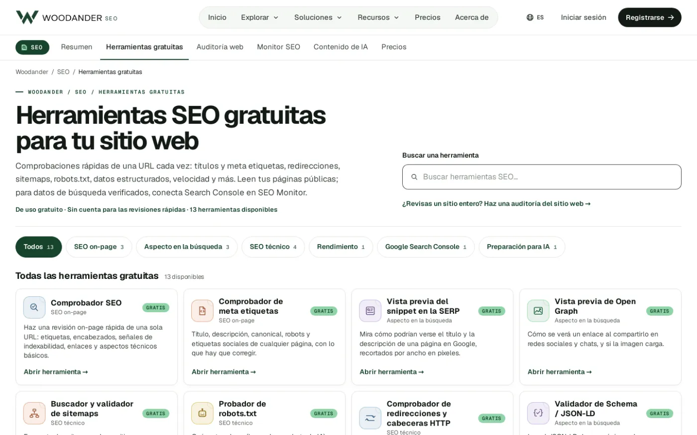 La página de herramientas SEO gratuitas de Woodander