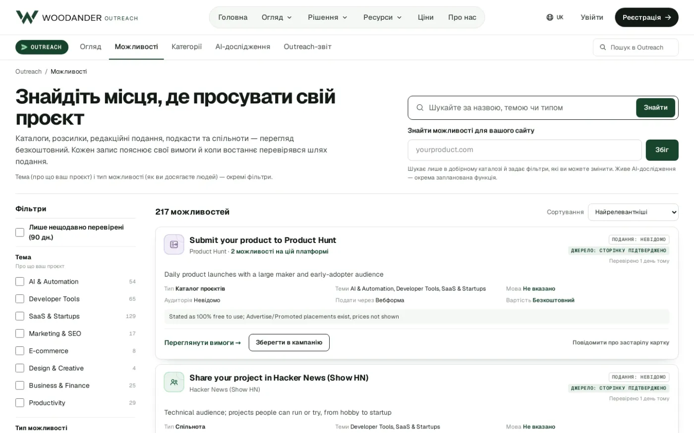 Список місць Woodander Outreach, куди можна подати проєкт