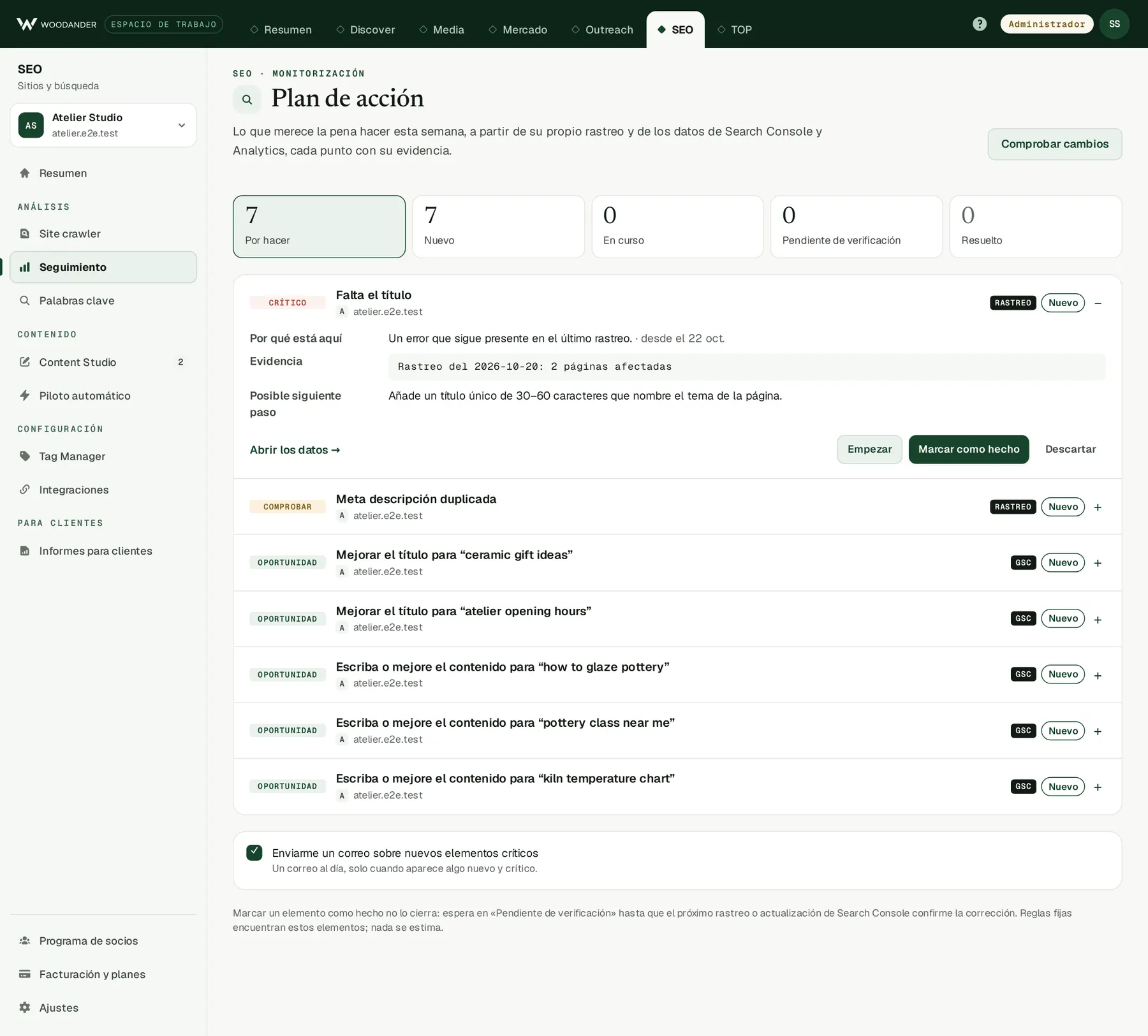 Woodander Workspace: Plan de acción